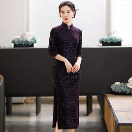 Ethnic Clothing Cheongsam Autumn 2023 Stand-up Collar Purple Elegant Fashion Velvet Vintage Traditional Chinese Clothes Qipao Dress For
