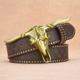 Belts Fashion Leather Belt Western Cowboy Buckle Men Women Jeans Waist Strap Casual Vintage Engraved Floral Bull