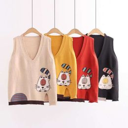 Style Preppy Knitted Jacquard Cat Vest Loose Sleeveless Sweater Autumn Winter Woman