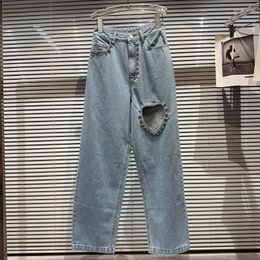 Women's Jeans PREPOMP 2023 Autumn Collection Rhinestone Hollow Out Light Blue Denim Pants Women Long Streetwear GL351