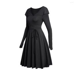 Casual Dresses Black Colour Thumb Hole Long Sleeve Mini Dress Belted Doll Collar A Line Renaissance Faire Clothes Ball Gown Women