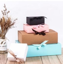 Kraft Paper Gifts Box With Silk Ribbon White Wedding Favor Candy Cake Boxes For Home Christmas Event Party Gift Packing