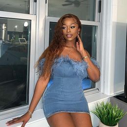 Casual Dresses 2023 Summer Sexy Fashion Sleeveless Feather Denim Dress Women Blue Off Shoulder Bodycon Short Party Night Club Outfits