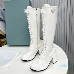 Designer - Leather Re-Nylon Boots Triangle Boots Women Luxury Calfskin Fashion High Heel Lace-Up Boot Winter Motorcycle Knee Boots