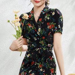 Casual Dresses Women's Fashion Black Floral 23 Spring Summer Ladies Sexy Shirt Office Work Daily Beachwear Fairy Body Con Dress V Neck