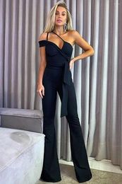 Women's Two Piece Pants Sexy Chest Wrapped Black Jumpsuit With A Waistband And Drape Feel One Shoulder Strap For Clothing