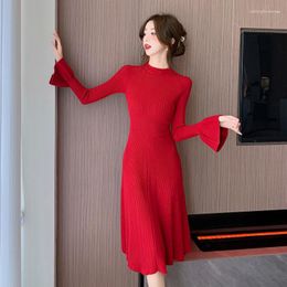 Casual Dresses 2023 Two Wear Hollow Out Knitted Dress Autumn Winter Stylish Elegant Flared Sleeve Mid-Length Sweater Women