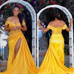 Gold Mermaid Prom Dresses Off Shoulder Appliques Satin Side Split Backless Lace Up Women Aso Ebi Party Gowns Vestido De Noite