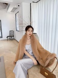 Women's Fur Autumn Winter Mid-length Coat Clothes Solid Wool Double-sided Tweed Collar Cape Shawl Cloak Type Jacket