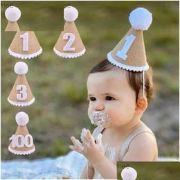 Party Hats 1 2 3 Birthday Hat Crown Khaki Wood Linen Baby Boys And Girls Childrens Top White Ball Decoration Headband Supplies Drop De Dhrke