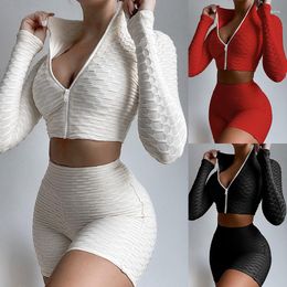 Women's Tracksuits Women Sports Suits Gym Yoga Two Piece Set Shorts Solid Colour Long Sleeve Zipper Coat Naked Feel Running Sets Fitness
