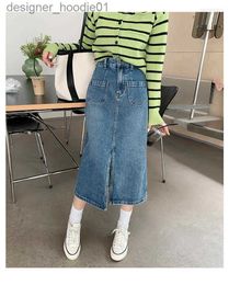 Skirts Skirts Spring And Autumn 2023 Mid-Length Denim High Waist Thin A-Line Design Front Split Women'S Skirt L230912