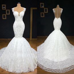 Wedding Dresses White Bridal Gowns Ivory Formal Mermaid Trumpet Applique Lace New Plus Size Custom Sweetheart Sleeveless Illusion Button