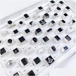 Cluster Rings 50Pcs/Lot Vintage Gothic Black Glaze Square Rings For Men Women Wholesale Mix Styles Siery Plated Punk Drip Designer Jew Dhkey