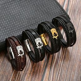 Stainless Steel Owl Charm Bracelet Men Stainless Steel Magnet Buckle Leather multilayer Braided Bracelets bangle cuff Jewellery