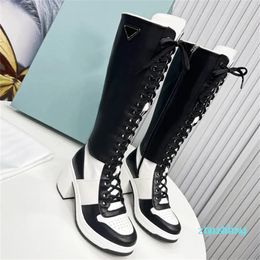 2023-Boots Women Luxury Calfskin Fashion Top-Quality High Heel Lace-Up Boot Winter Motorcycle Knee Boots
