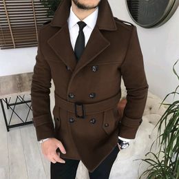 Men' Blends Lapel Double Row Button Casual Trench Coat Woolen with Belt Autumn Business Jacket 230912