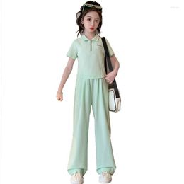 Clothing Sets Young Girls Outfits Set Summer Casual Crop Top And Wide Leg Pants Teen Kids Clothes Two Pieces Green Pink Children Suit