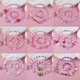 2pcs Cute Cartoon Pattern Charm Necklace Bracelet Sets Natural Wooden Beads For Children Toys Girl Birthday Jewellery Sets