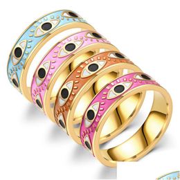 Band Rings Colorf Enameled Stainless Steel Evil Eye Ring Jewelry For Women Gift Drop Delivery Dhcr9