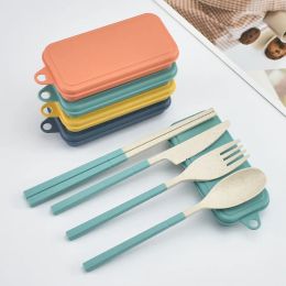 Wheat Straw Folding Cutlery Set Kids Knife Fork Spoon Chopsticks Portable Dinnerware Kits Flatware Set for Travelling Camping B1102