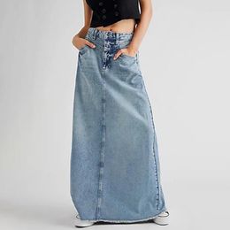 Skirts Elegant Long Denim Skirt Ladies 2023 Arrival Retro Casual Cotton Blue Street Loose Washed A-Line