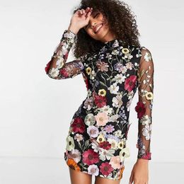 Casual Dresses Floral Embroidery Elegant Luxury Women Mini Dress Half High Collar Long Sleeve 2023 Spring Evening Party Lady Vestido 798