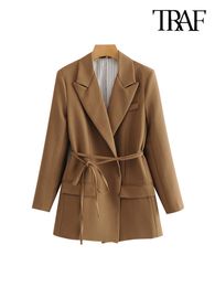 Women's Suits Blazers TRAF Women Fashion With Tied Wrap Blazers Coat Vintage Long Sleeve Pockets Female Outerwear Chic Tops 230912