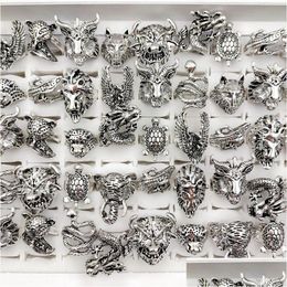 Cluster Rings Fashion 20/30/50/100Pcs Animal Head Ring Gothic Style Punk Tough Guy Vintage Mix Metal Band Fit Men And Women Jewellery Gi Dhoic