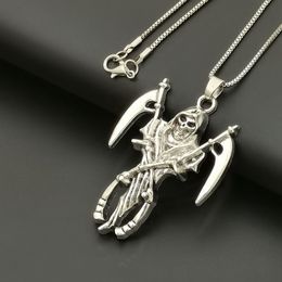 10Pcs Men Gothic Alloy Death Grim Reaper Skull with Scythe Pendant Necklace with 23.6" Chain A-809d