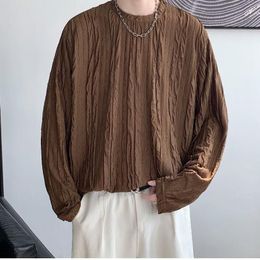 Men's T Shirts Fashion Brown Pleated Long-sleeved T-shirt Autumn Spring Causal Loose High Street Bottoming Men Tops Male Clothes