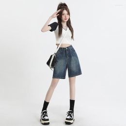 Women's Jeans High Waisted Middle Length Denim Shorts Female Summer Loose Fitting Appear Thin Versatile Dark Blue Pants