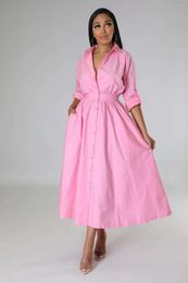 Casual Dresses Cutubly Pink Shirt Dress For Women Sexy Turn-down Collar Midi Fashion Loose Vestidos Ladies Evening Party