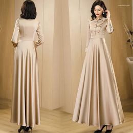 Casual Dresses 2023 Spring Champagne Colour Dress Women's Large Swing Skirt Temperament Long Sleeve Acetate Satin Elegant Female