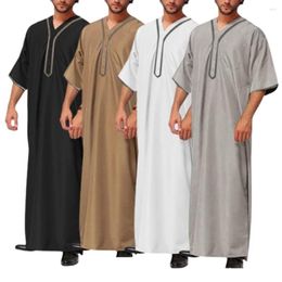 Ethnic Clothing Solid Colour V Neck Muslim Men Jubba Thobe Retro Button Kimono Half Sleeve Robe Saudi Musulman Shirt Islamic Arabic Kaftan