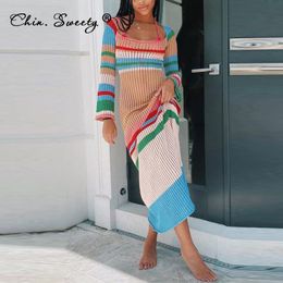 Basic Casual Dresses Knitted Womens Striped Long Sleeve Autumn Hollow Out Panelled Colorful Maxi Dress Ladies Sexy Party Vestidos 230912