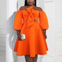 Casual Dresses Luxury Orange Off The Shoulder Autumn Winter Bow Decorate A Line Pleated Knee Length Elegant Birthday Party Dress