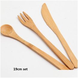 Flatware Sets Japanese Style Bamboo Wooden Cutlery Set Fork Cutter Cutting Reusable Kitchen Tool 3Pcs One Drop Delivery Home Garden Otguf