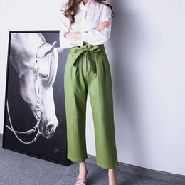 Women's Pants Genuine Leather Women Sheepskin Trouser Bow Tie Lace High Waist Belt Loose Lady TF4597