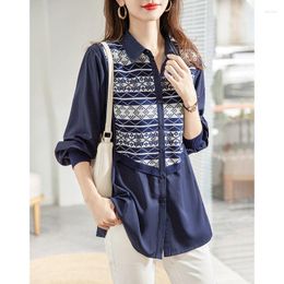 Women's Blouses Fashion Printing Patchwork Single-breasted Mid Length Version Blouse Women Classic Sleeve Polo Collar Office Lady Shirt