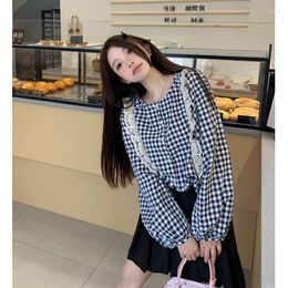 Women's Blouses Doll Shirt Top Ladies Black And White Plaid Stitching Lace Long-sleeved Feminine All-match Outerwear Self-cultivation