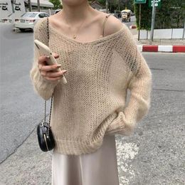 Women's Sweaters Korean Style Beige Sweater Women Vintage Hollow Off Shoulder Knitted Top Harajuku Fashion Oversize Jumper Female Chic