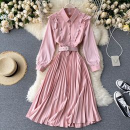 Casual Dresses Elegant Shirt Dress Spring Autumn Long Sleeve Turn Down Collar Female Pleated Office Lady Vestidos