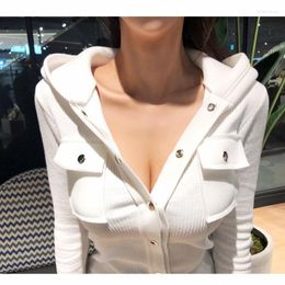 Women's Hoodies 2023 Autumn Hooded Women Sweatshirts White Solid Button Knitted V-neck Sexy Slim Lady Outwear Coat Tops