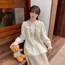 Women's Blouses 2023 Autumn Women Polo Collar Japanese Cotton Linen Shirt Sweet Mori Girl Loose Wide Doll Casual Bottom Tops