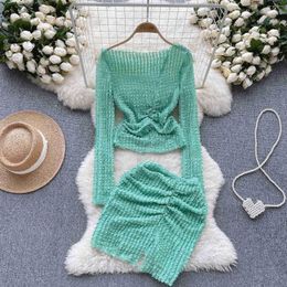 Work Dresses 2023 Fashion Women 2 Pieces Set Sexy Off Shoulder Long Sleeve Crop Top And Elastic Waist Mini Pencil Skirt Suits Street