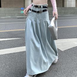 Skirts Denim Skirt Women's Summer Version High Waist Slimming Long Pleated Solid Color Simple Casual Fashion A-line