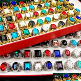 Band Rings Fashion 30Pcs/Set Gem Pinestone Turquoise Band Rings Metal Big Glass Crystal Retro Bohemia Style Mix Sier Gold Men And Wome Dhrpy