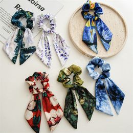 Floral Print Scrunchies Knotted Bow Ponytail Holders Hair Ties For Girls Headwear Soft Elastic Hair Bands Hair Accessories