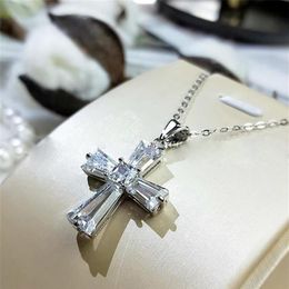 Chains Fashion Luxury 925 Sterling Silver Necklace Female Cross Pendants Jewelry For Women White Zircon Stone Anniversary Gift264K